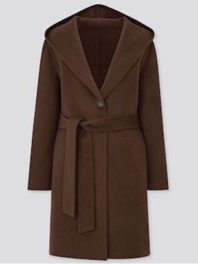 Uniqlo Brown Hooded Belted Wool-Blend Coat